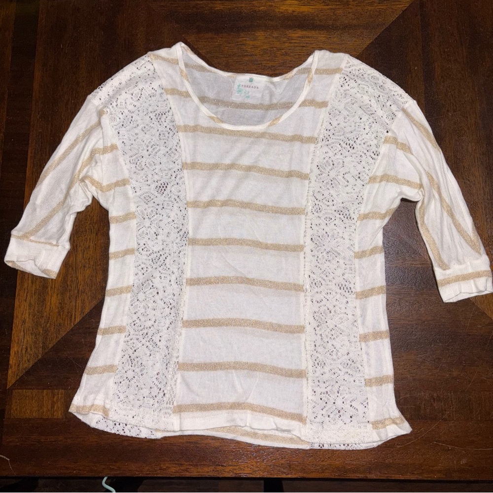 Striped Crochet Panel Top in White and Gold